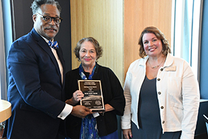 Kalamazoo Valley Community College President L. Marshall Washington, Ph.D., with Distinguished Alumni Award recipient Rose Mary Wood and Carrie Yunker from the KVCC Foundation Board of Directors