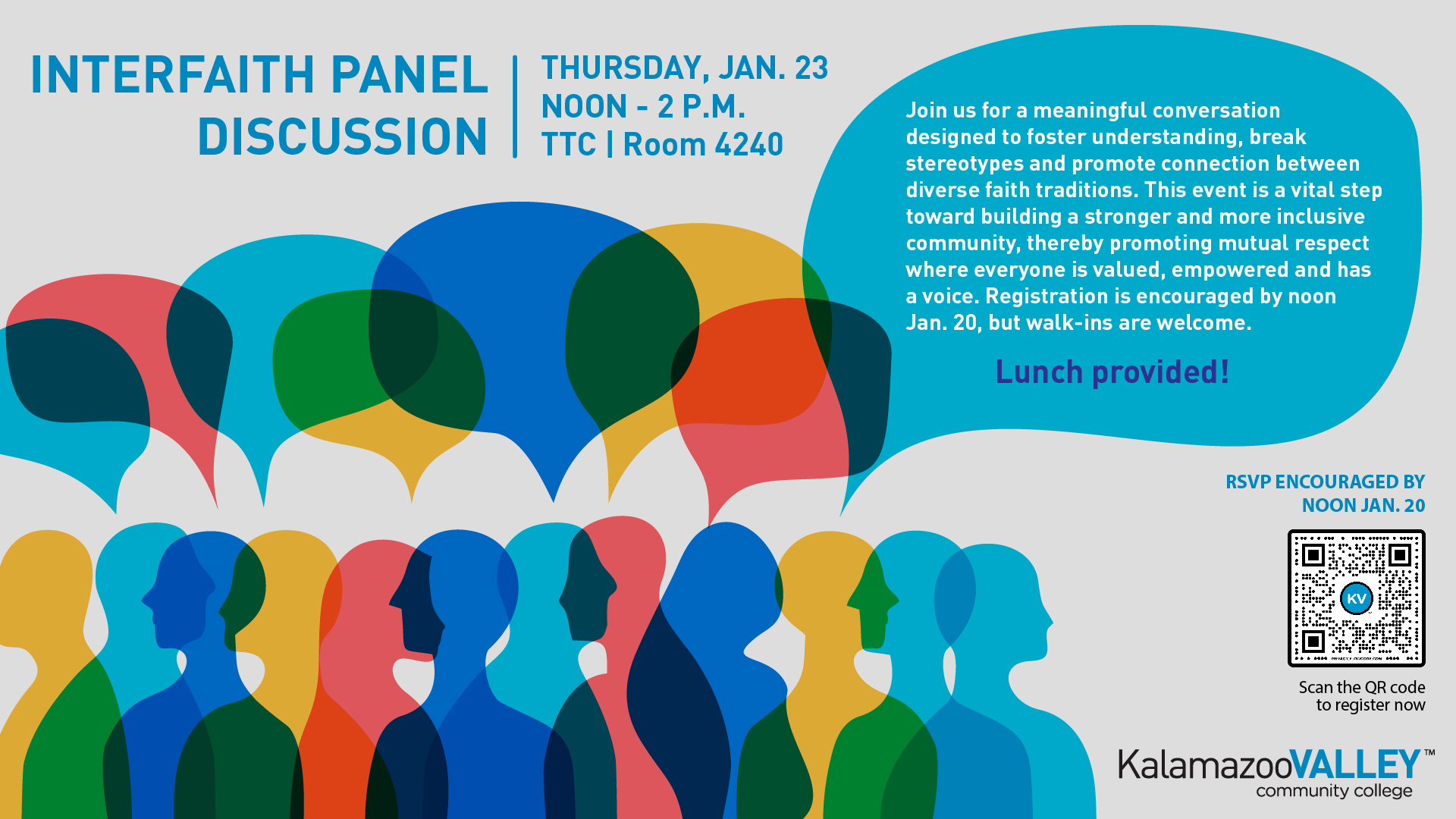 A promotional graphic for an interfaith panel discussion hosted by Kalamazoo Valley Community College. The design features colorful overlapping silhouettes of people and speech bubbles. A QR code for registration is included in the bottom right corner.