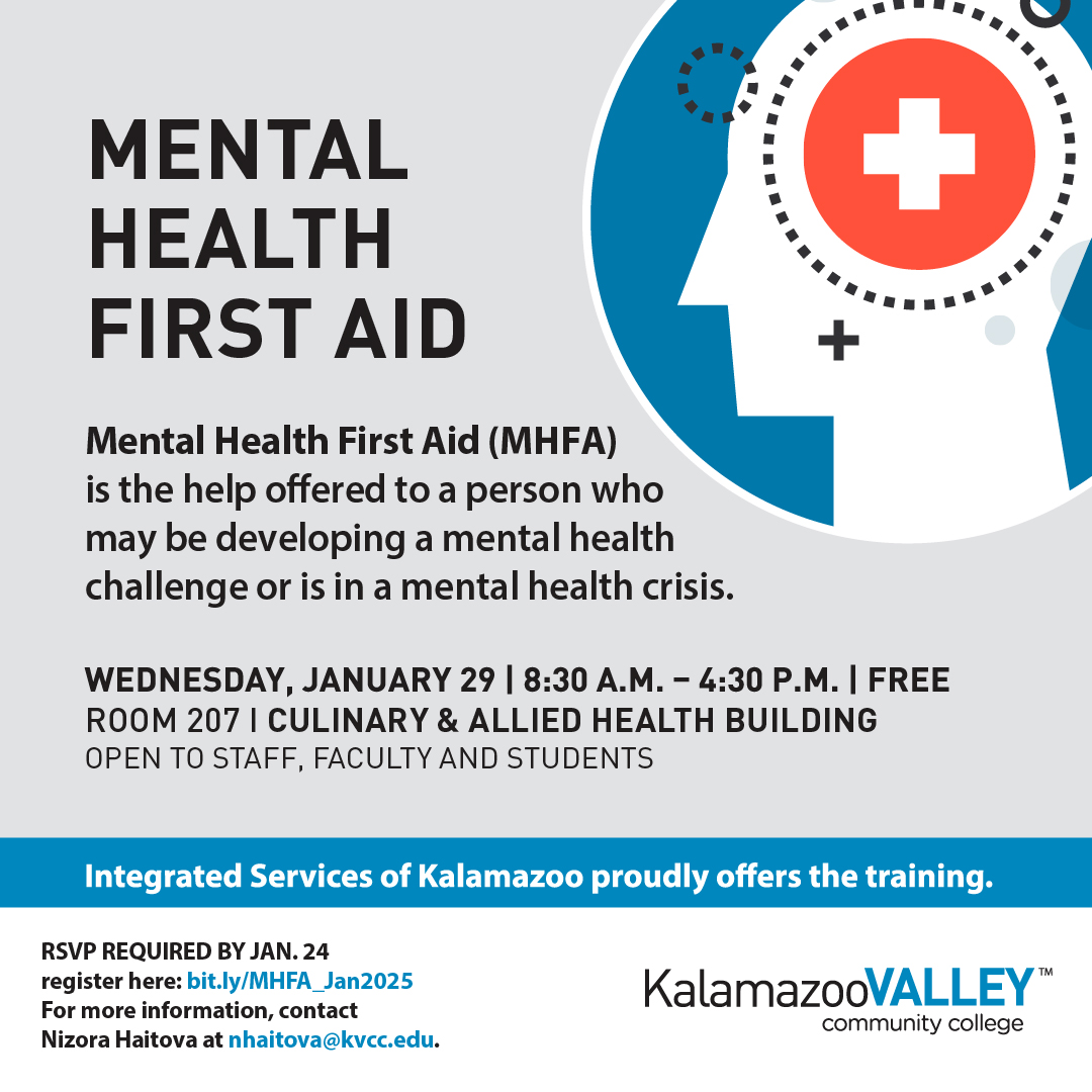 A promotional graphic for the Mental Health First Aid training hosted by Kalamazoo Valley Community College. The design features an illustration of a silhouette with a medical cross symbol and calming blue tones.