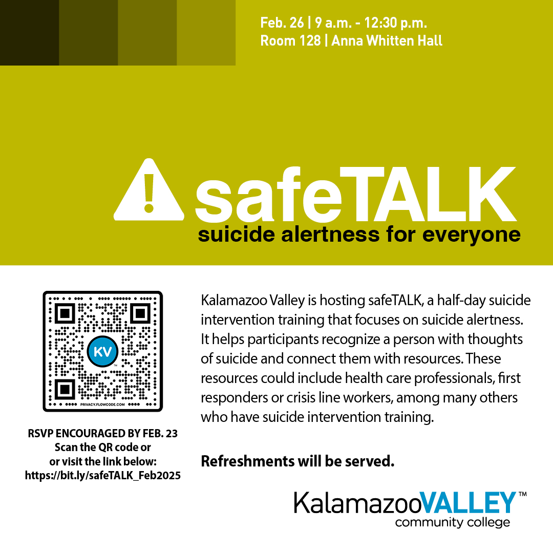 A promotional graphic for the safeTALK suicide alertness training hosted by Kalamazoo Valley Community College. The design features bold yellow-green color blocks, with the safeTALK logo prominently displayed.