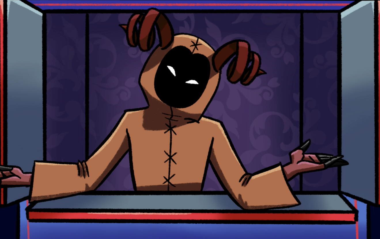 An illustrated figure in hooded brown robe. The figure's face is obscured in darkness except for glowing white eyes. Spiralling horns point out from the top of either side of the head. Their head is cocked to the side, eyes in a squinting shaps, and their hands are splayed out in a shrug.