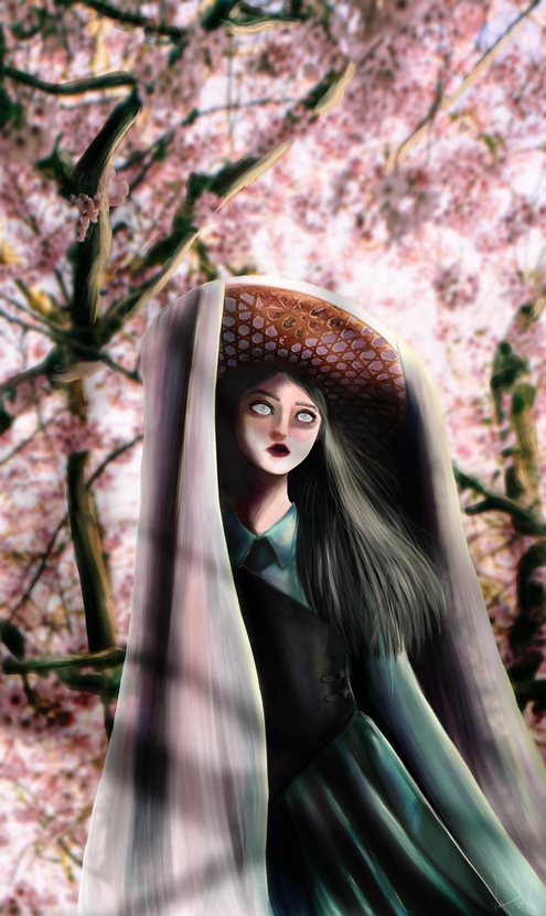 An illustration of a young woman in long robes and wearing a wide-brimmed hat with a very long flowing veil. She is standing beneath a canopy of pink and white blossoming trees.