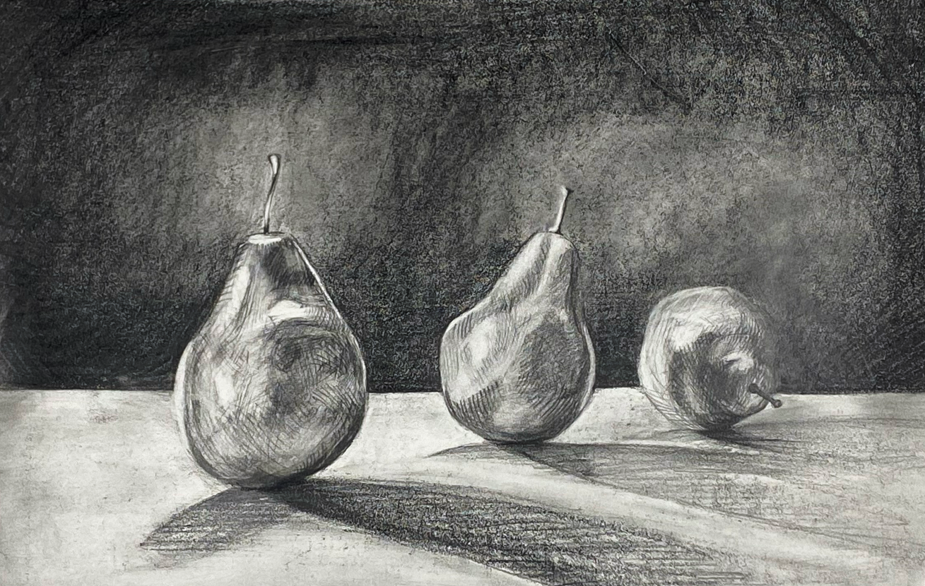 A black and white sketch of three pears on a table.